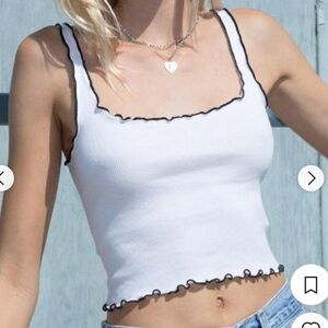 Brandy Melville White Ribbed Black Detail Lettuce Hem Tank